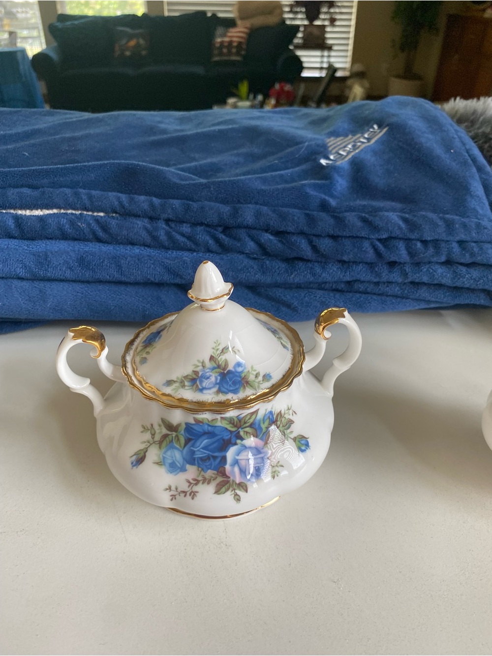 Royal Albert Blue Rose Gold-Trim Porcelain Sugar Bowl with Lid